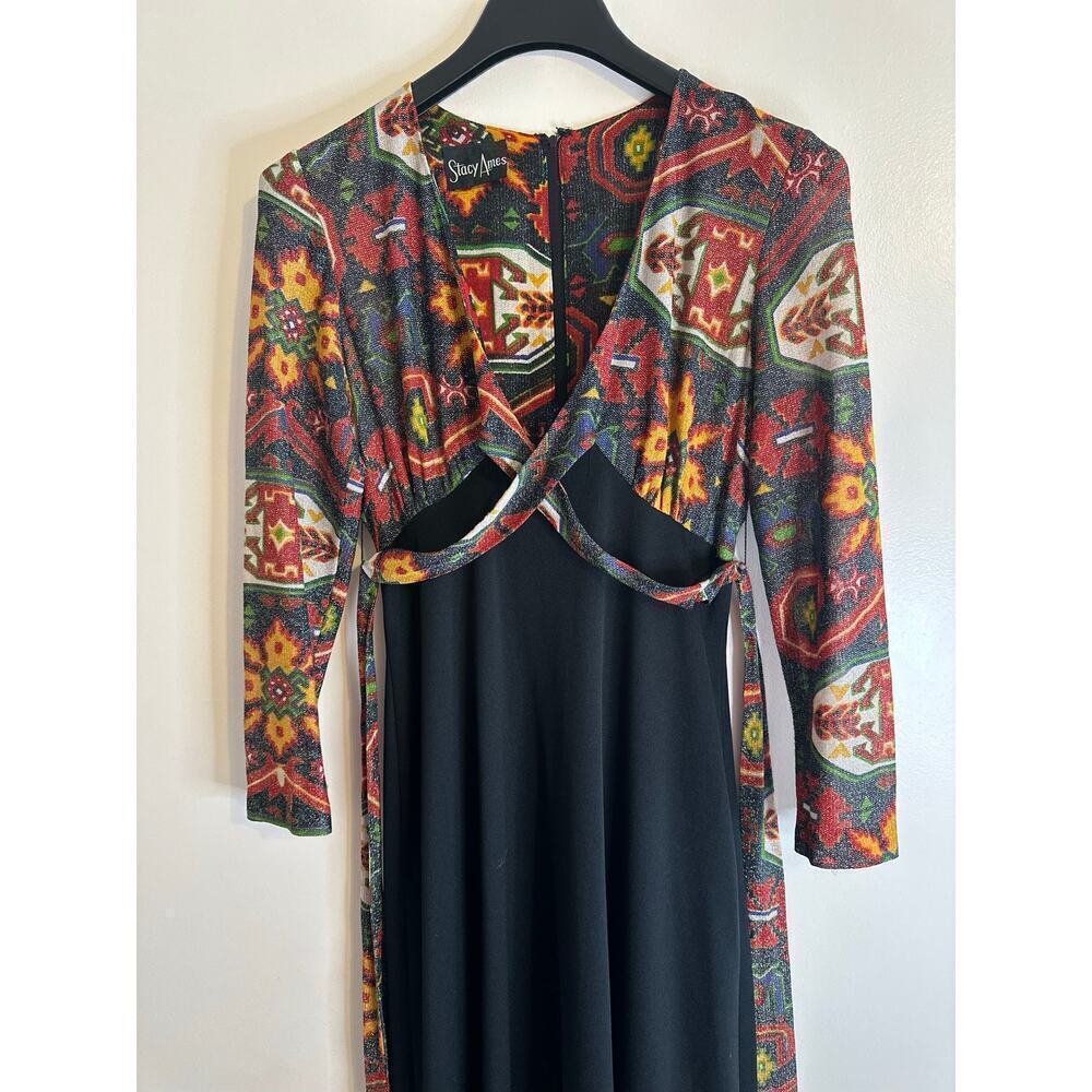 Vintage 1970’s Stacy Ames Tribal Sparkle Wrap Stretch Long Sleeve Maxi Dress 12